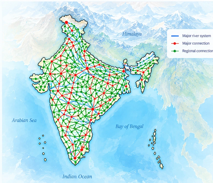 Conceptual India climate resilience network with dense green regional connections across the country, including Gujarat