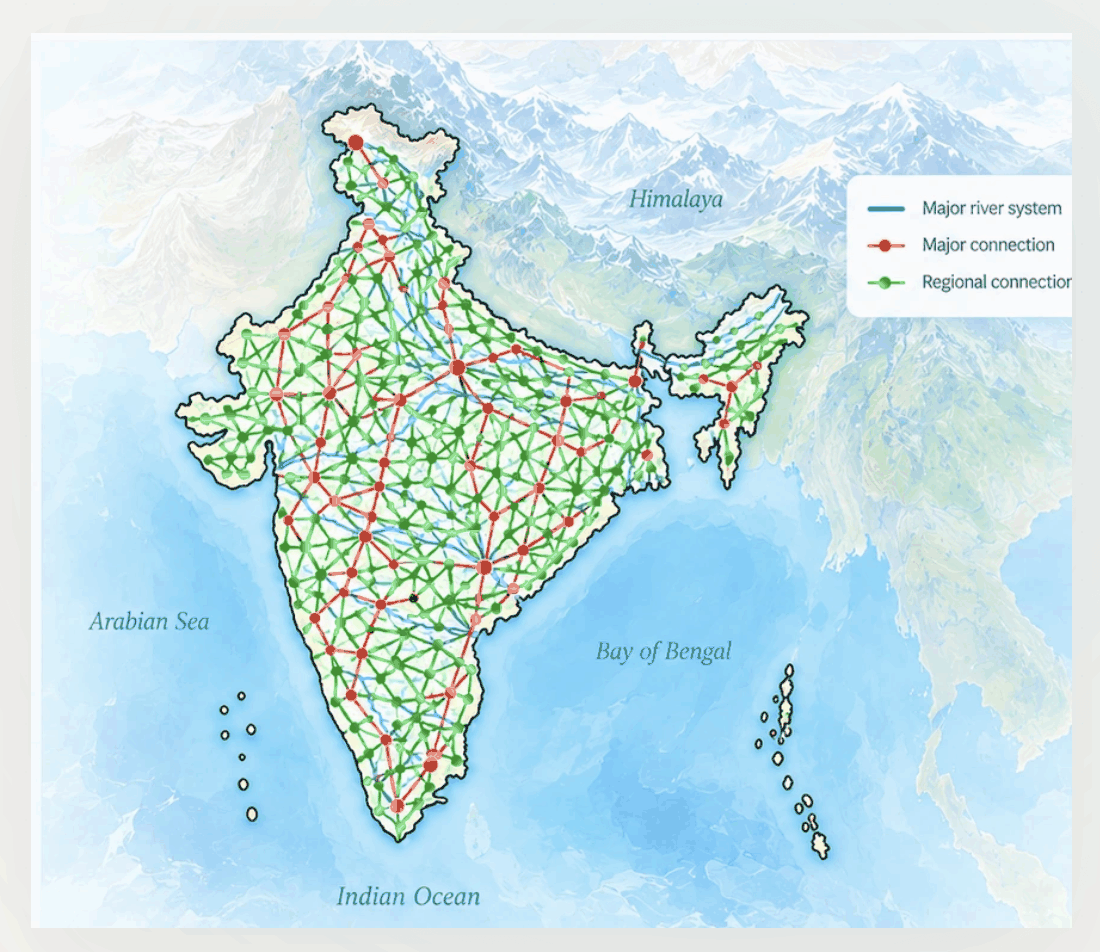 Animated conceptual India Climate Resilience Grid showing major river systems, major connections and dense regional connections across India